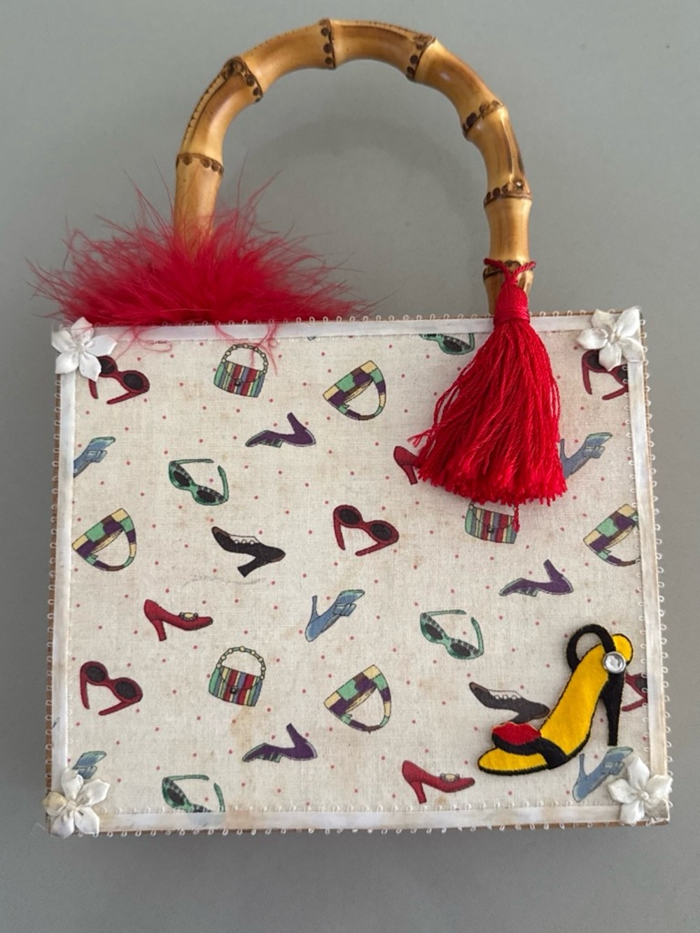 Handmade Cigar Box Handbag with Bamboo Handle w/Red Tassel Accent Art to Wear